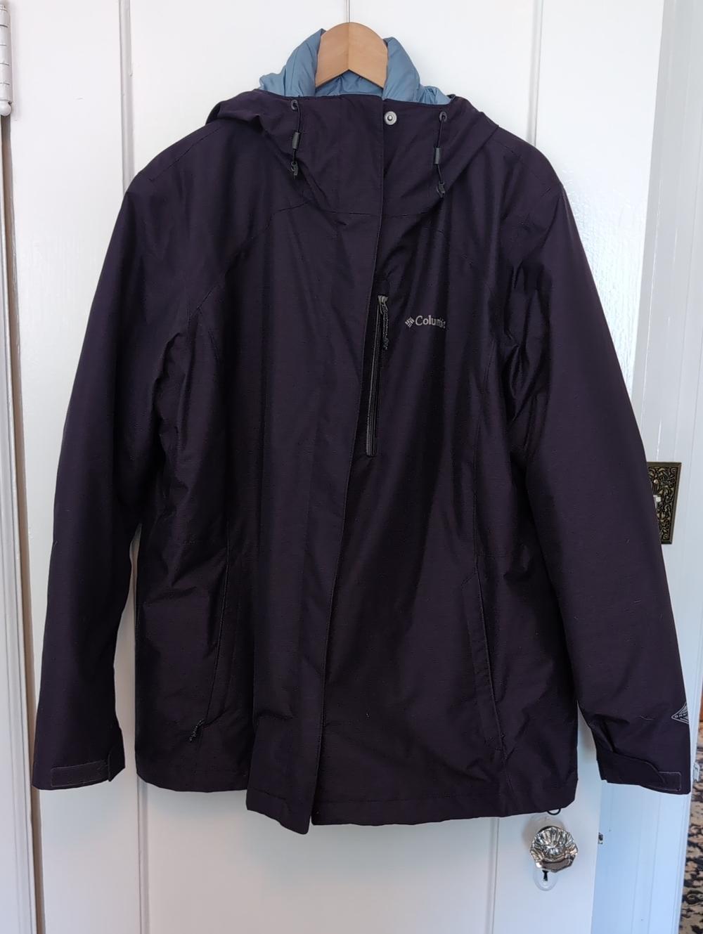Columbia Men's Plum Hooded Rain Jacket with Light Blue Lining